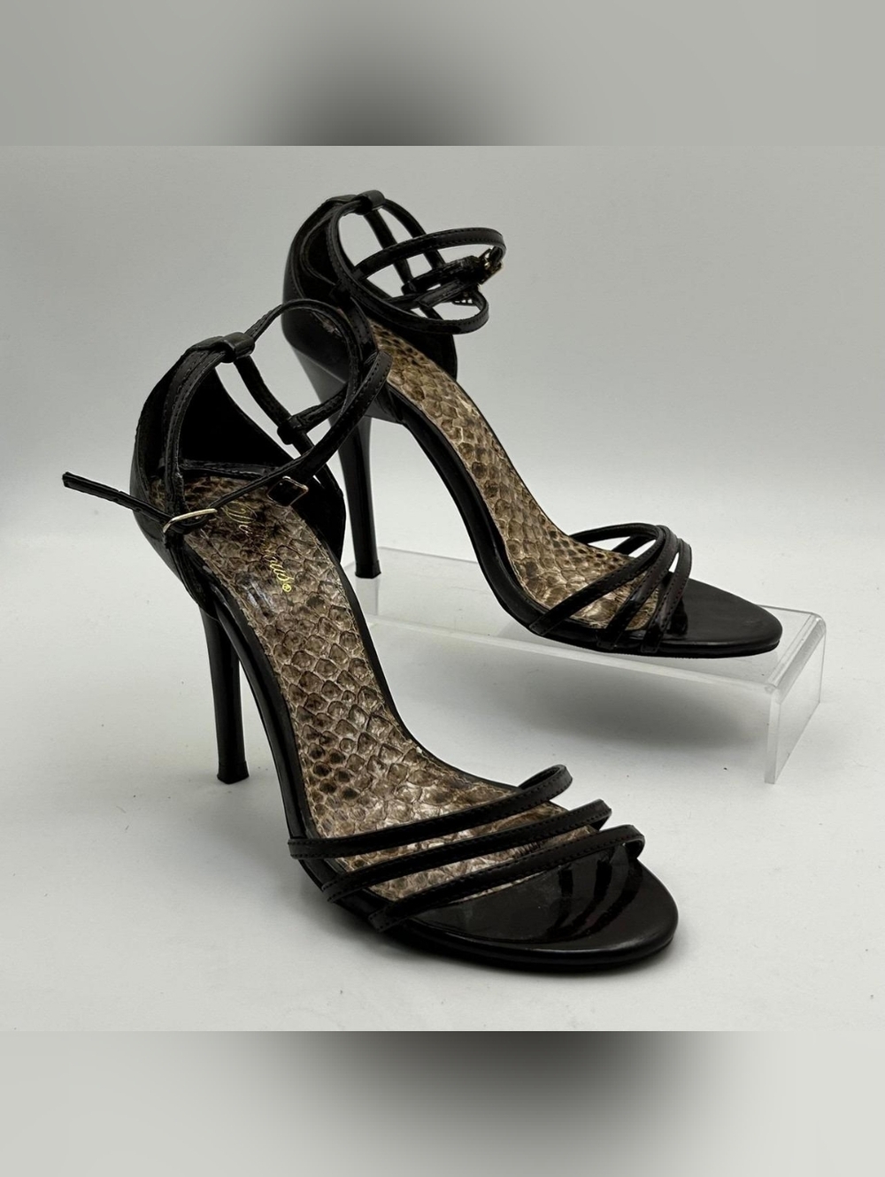 Pleaser Delicious Sandals 7.5 Brown Patent Snakeskin Strappy Stiletto Glam